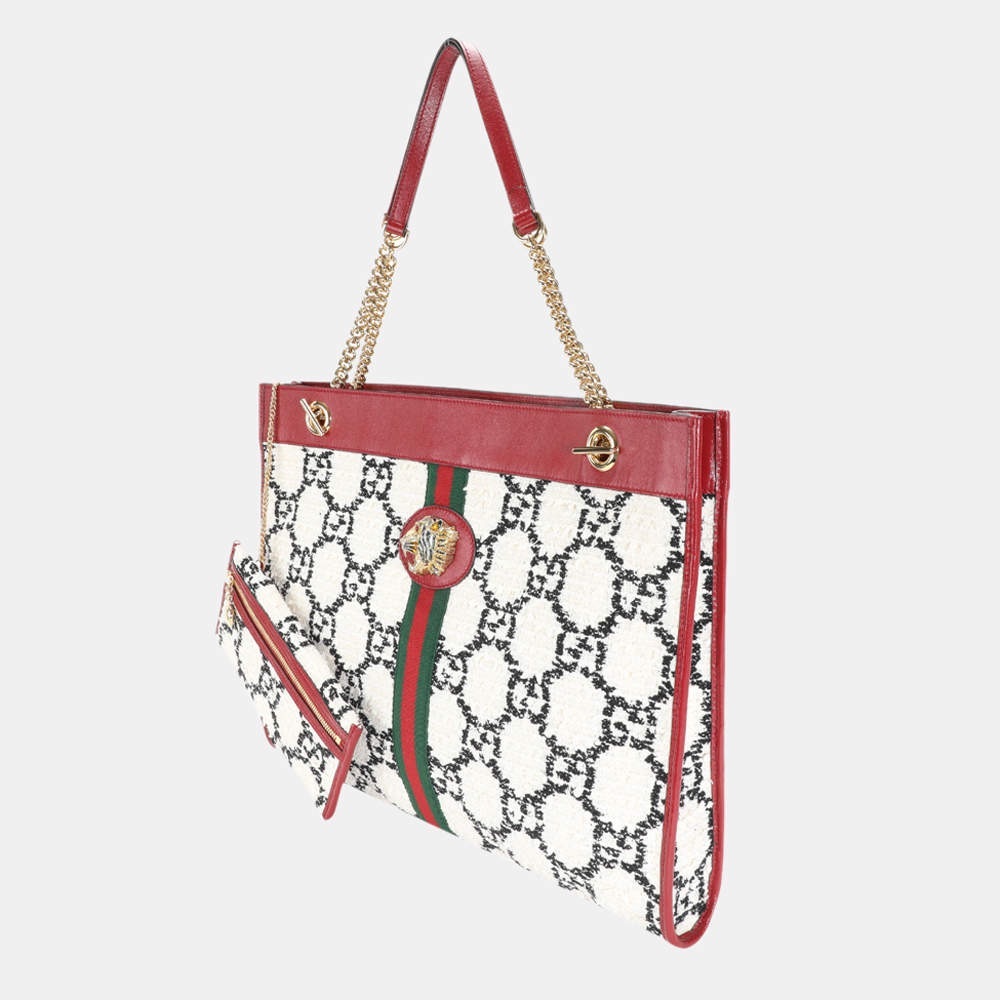 Gucci GG White Tweed Leather Large Rajah Chain Tote Bag